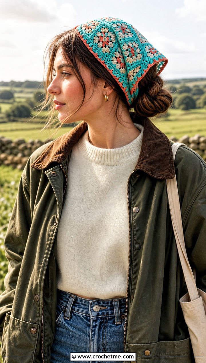 Compact Granny Square Hair Scarf With Barn Jacket And Straight Jeans - 25 granny square hair scarf outfit ideas