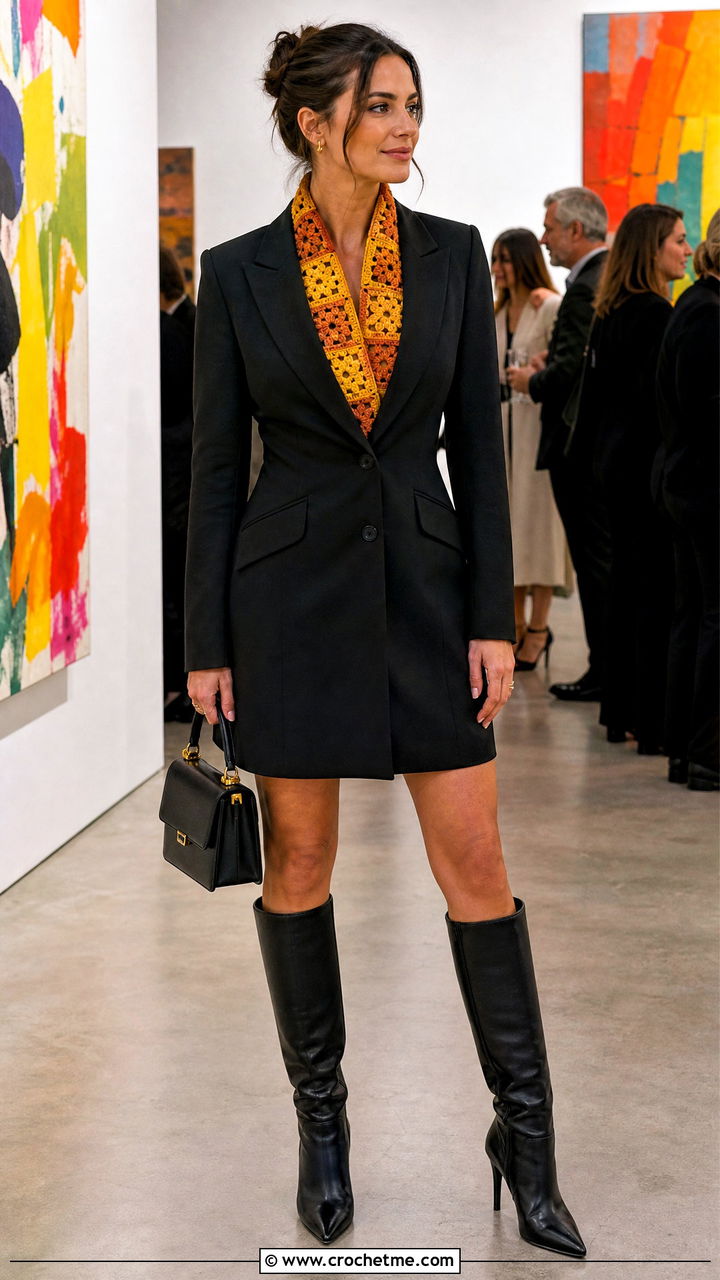 Compact Granny Square Scarf With Blazer Dress And Boots - 35 granny square scarf outfit ideas