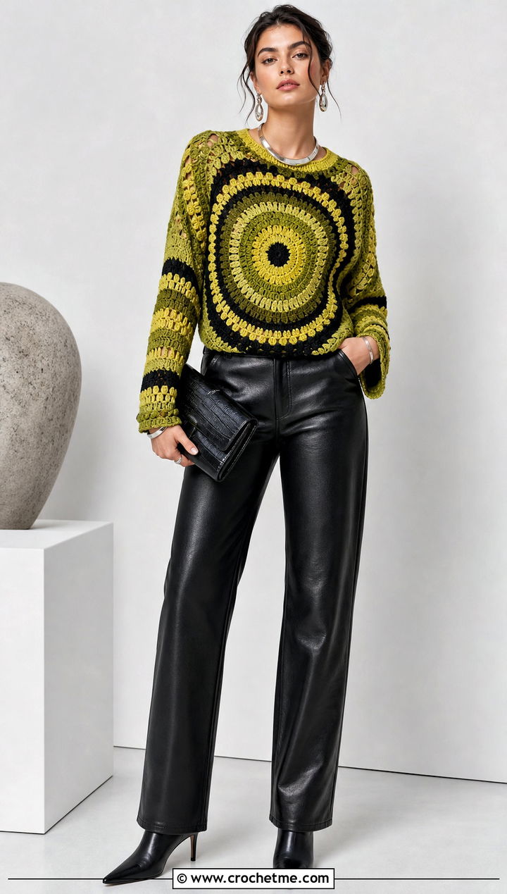 Concentric Circle Crochet Sweater With Leather Pants - 25 Circle Crochet Sweater outfit ideas