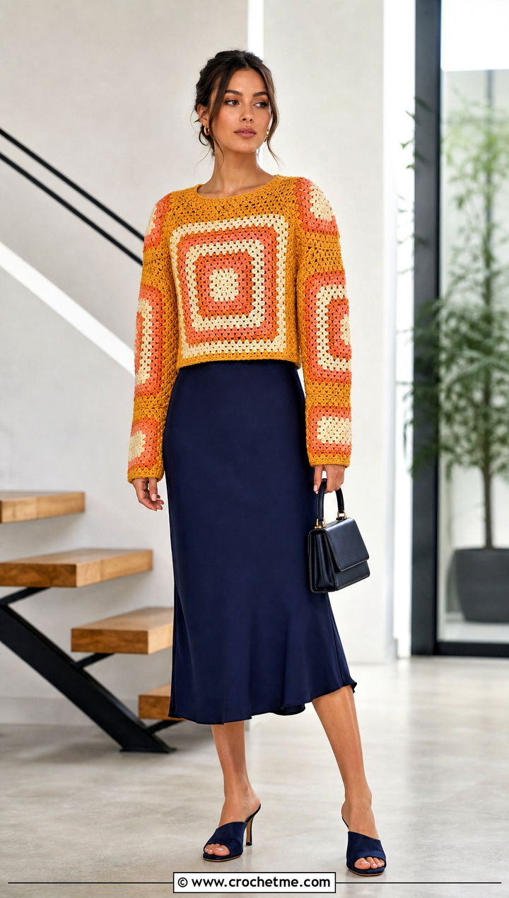Concentric Square Crochet Sweater With Slip Dress - 15 crochet sweater with geometric outfit ideas