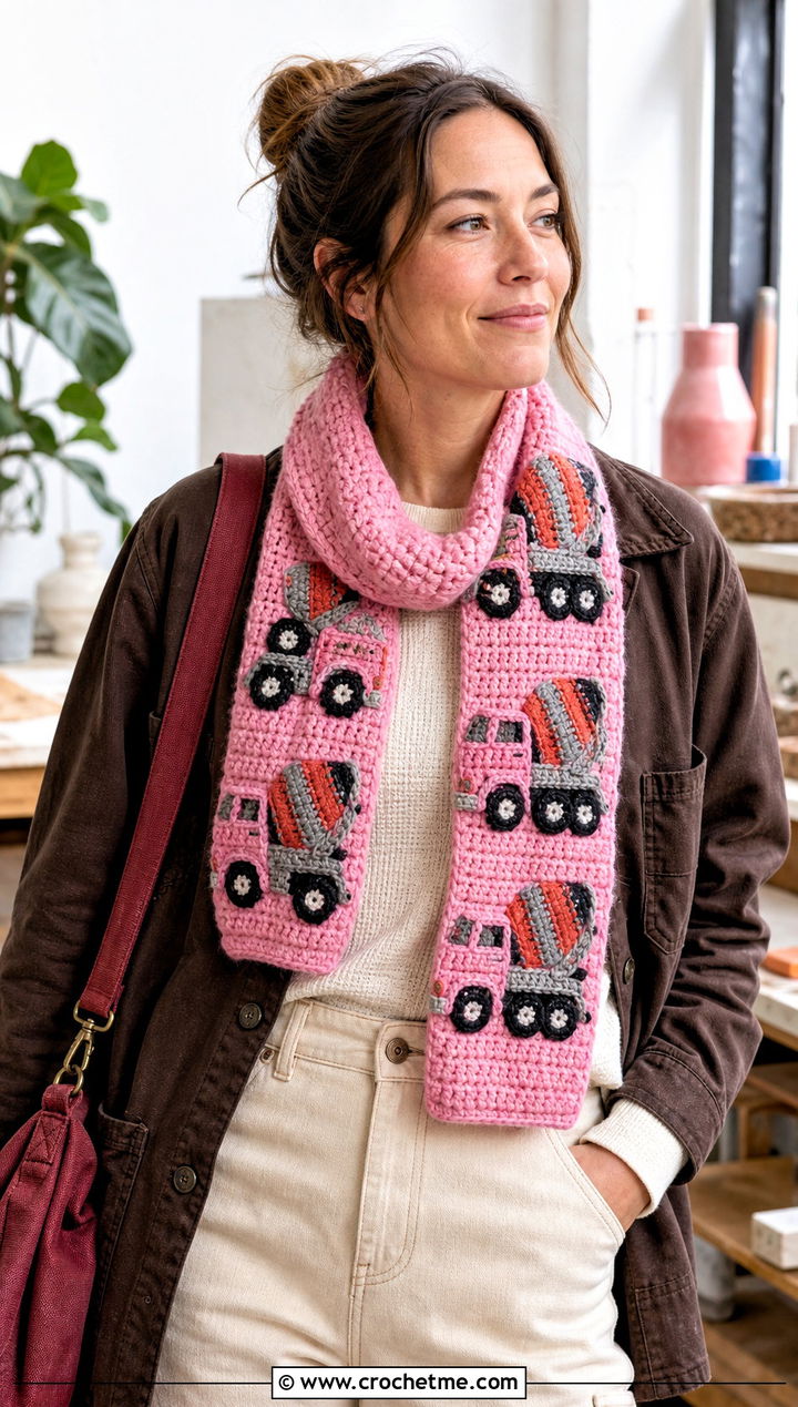 Concrete Mixer Truck Crochet Scarf With Workwear Layers - 20 Crochet Truck Scarf outfit ideas