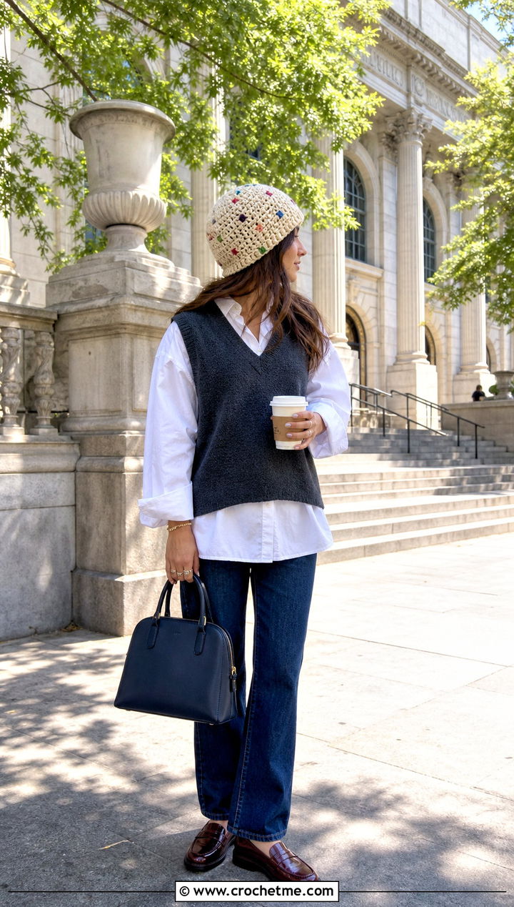 Confetti Scrap Beanie With White Shirt And Vest - 35 crochet scrap beanie outfit ideas