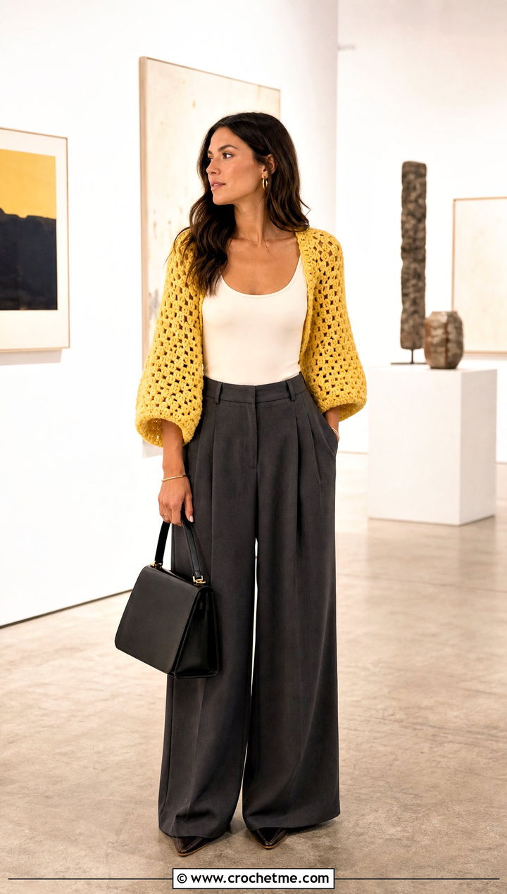 Continuous Granny Square Cocoon Shrug With Wide Leg Trousers - 25 Crochet Granny Shrug outfit ideas