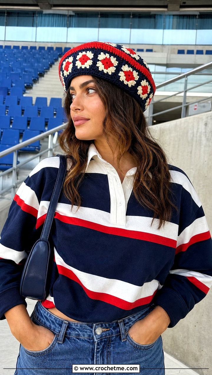 Contrast Border Crochet Granny Square Beret With Rugby Shirt And Barrel Jeans - 25 Crochet Granny Square Beret outfit ideas