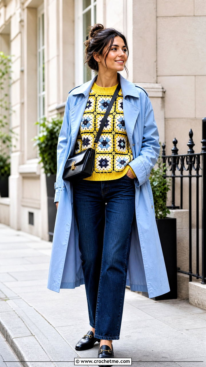 Contrast Border Granny Square Sweater With Trench Coat - 35 4 Granny Square Sweater outfit ideas