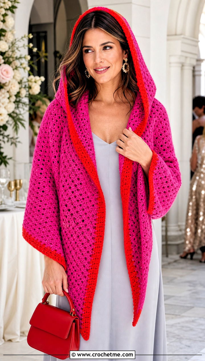 Contrast Border Hooded Triangle Crochet Shawl With Minimal Maxi Dress - 25 Hooded Triangle Crochet Shawl outfit ideas