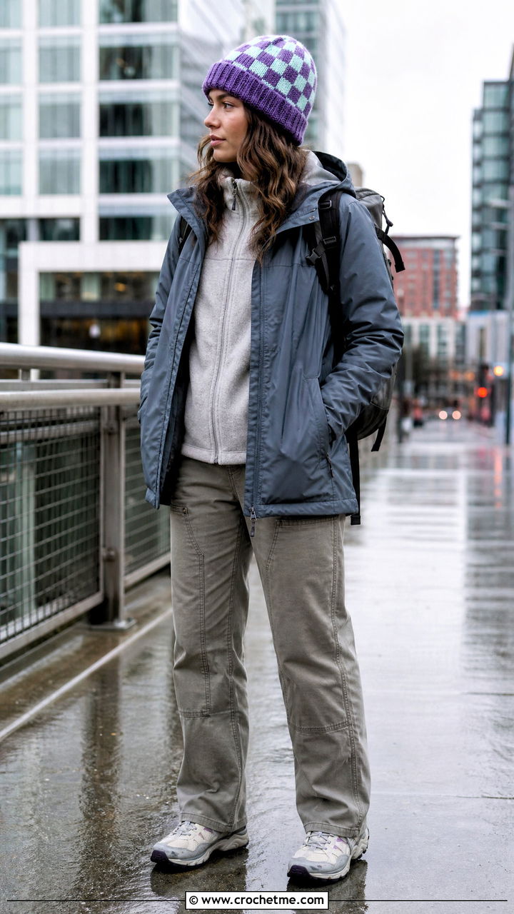 Contrast Brim Checkered Beanie With Parka - 35 crochet checkered beanie outfit ideas