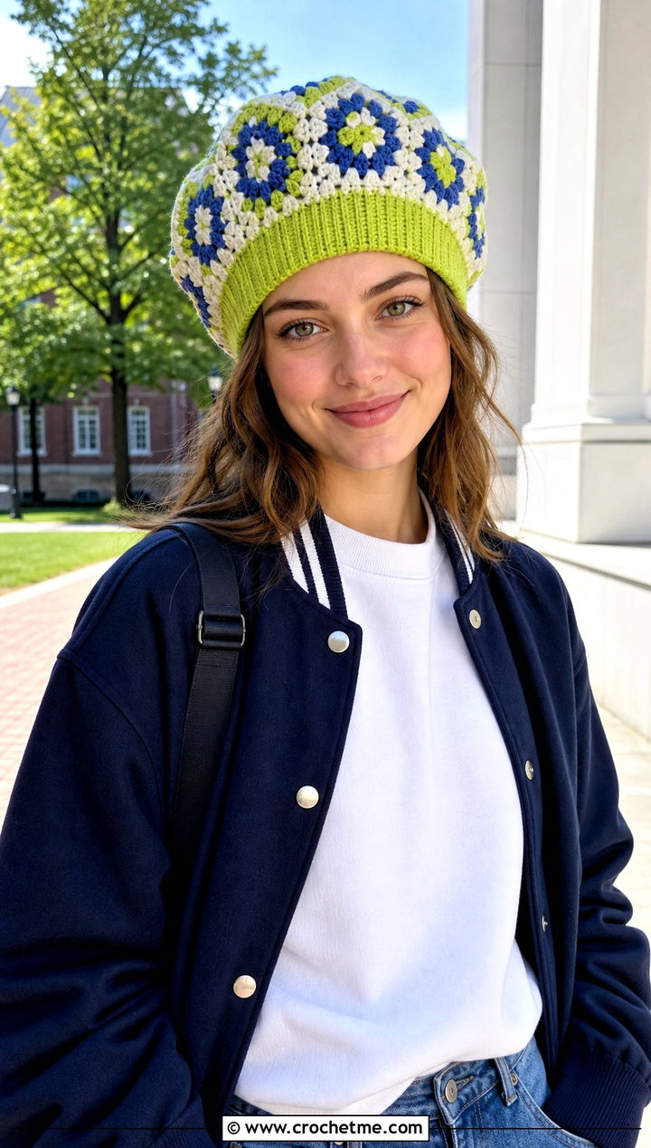 Contrast Brim Granny Square Beret With Varsity Jacket - 25 Granny Square Beret outfit ideas