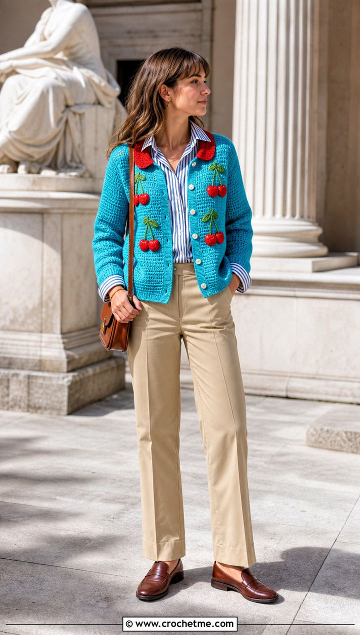 Contrast Collar Cherry Cardigan With Chino Pants - 30 cherry crochet cardigan outfit ideas