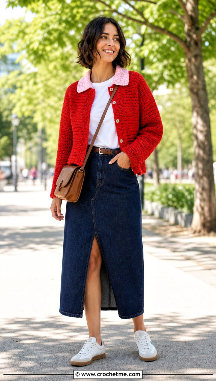 Contrast Collar Crochet Jacket With Denim Midi Skirt - 25 Crochet Jacket With Collar outfit ideas