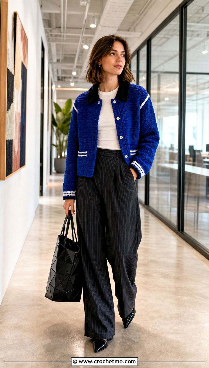 Contrast Collar Crochet Letterman Jacket With Pinstripe Trousers - 30 crochet letterman jacket outfit ideas