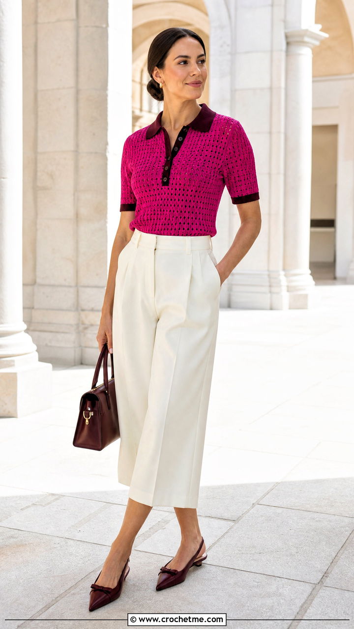 Contrast Collar Crochet Polo Shirt With Culottes - 35 crochet polo shirt outfit ideas