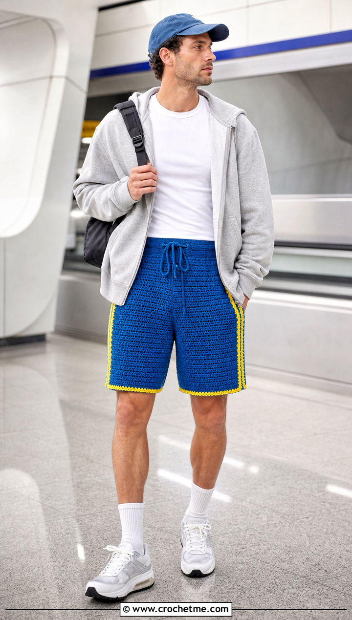 Contrast Detail Crochet Shorts With Hoodie - 15 Crochet Mens Shorts For Men outfit ideas