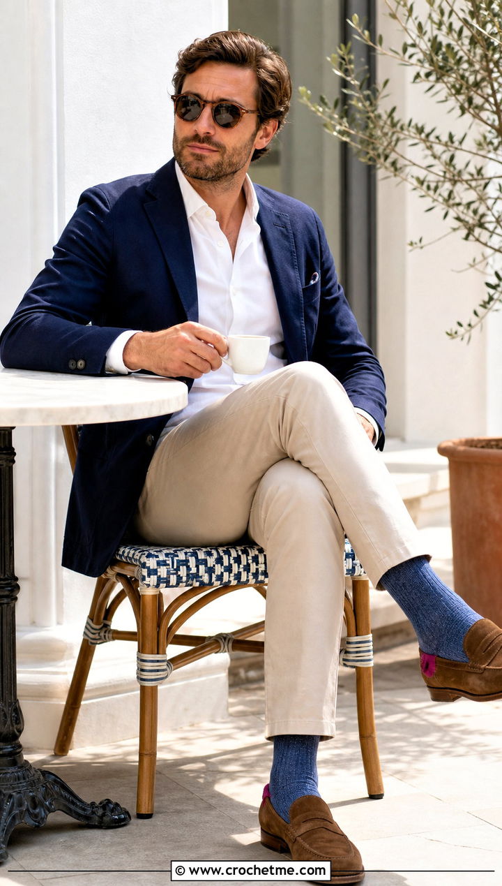 Contrast Heel And Toe Crochet Socks With Chinos - 25 Mens Crochet Socks outfit ideas