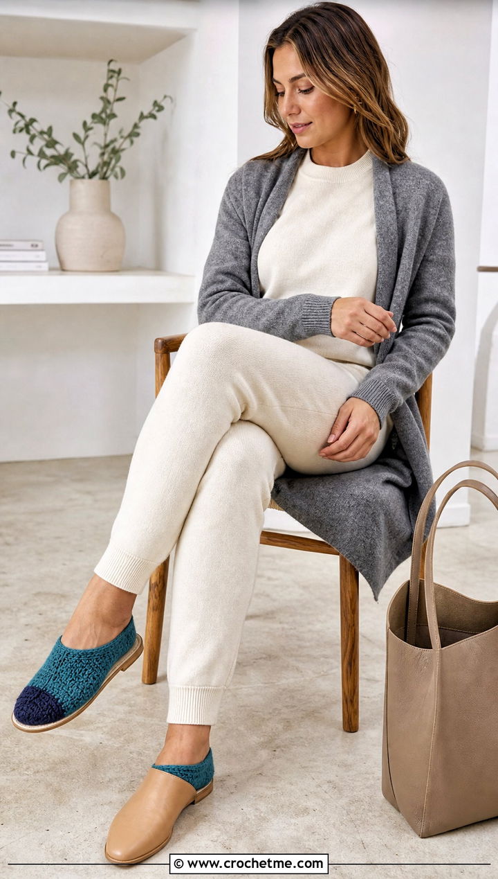 Contrast Toe Crochet Flat Socks With A Lounge Set - 25 Crochet Flat Socks outfit ideas