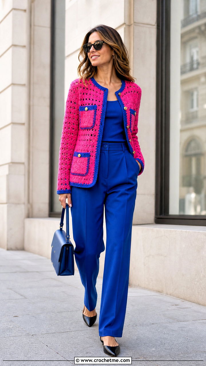 Contrast Trim Crochet Bog Jacket With Matching Separates - 35 Crochet Bog Jacket outfit ideas