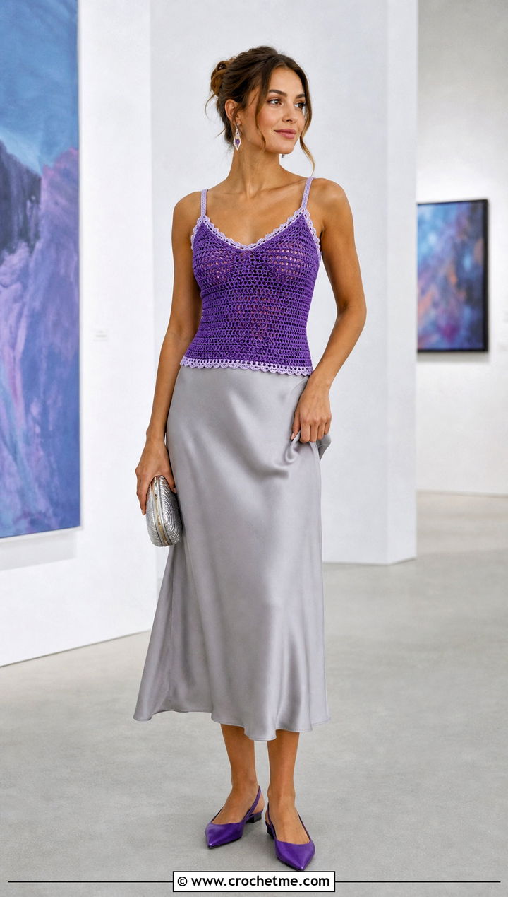 Contrast Trim Crochet Camisole With Satin Midi Skirt - 30 2 Color Crochet Top outfit ideas