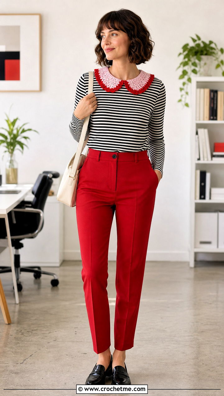 Contrast Trim Crochet Peter Pan Collar With Striped Shirt And Red Pants - 35 crochet peter pan collar outfit ideas