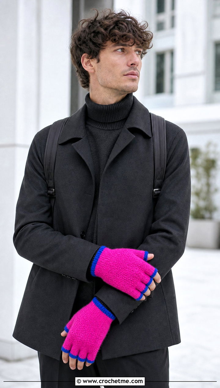 Contrast Trim Fingerless Gloves With Monochrome Outfit - 25 Crochet Mens Fingerless Gloves outfit ideas