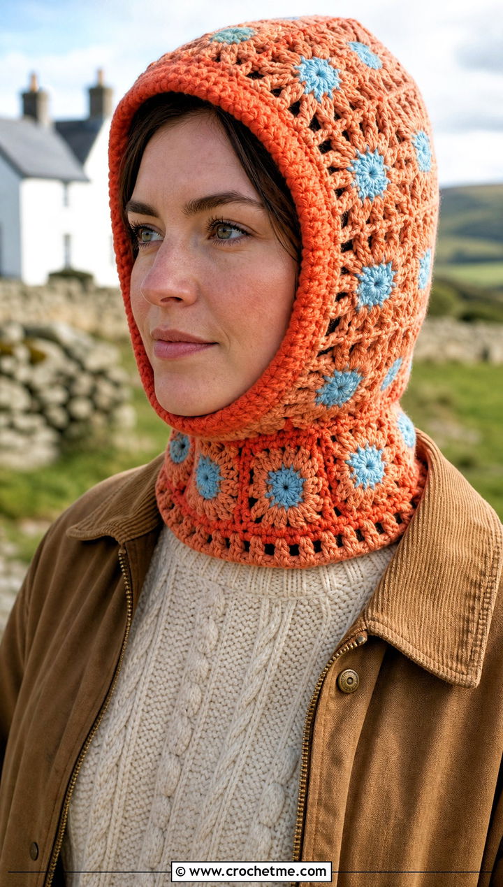Contrast Trim Granny Square Balaclava With Barn Jacket - 30 crochet granny square balaclava outfit ideas