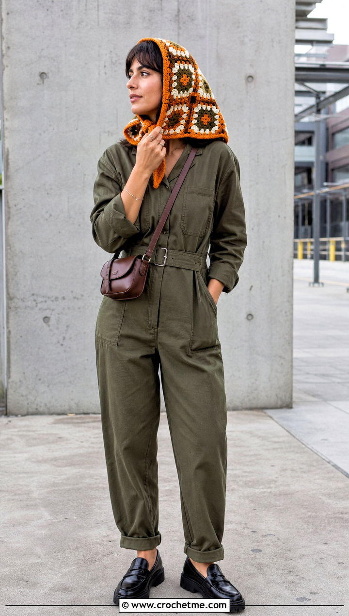 Contrast Trim Granny Square Head Scarf With Utility Jumpsuit - 35 granny square head scarf outfit ideas