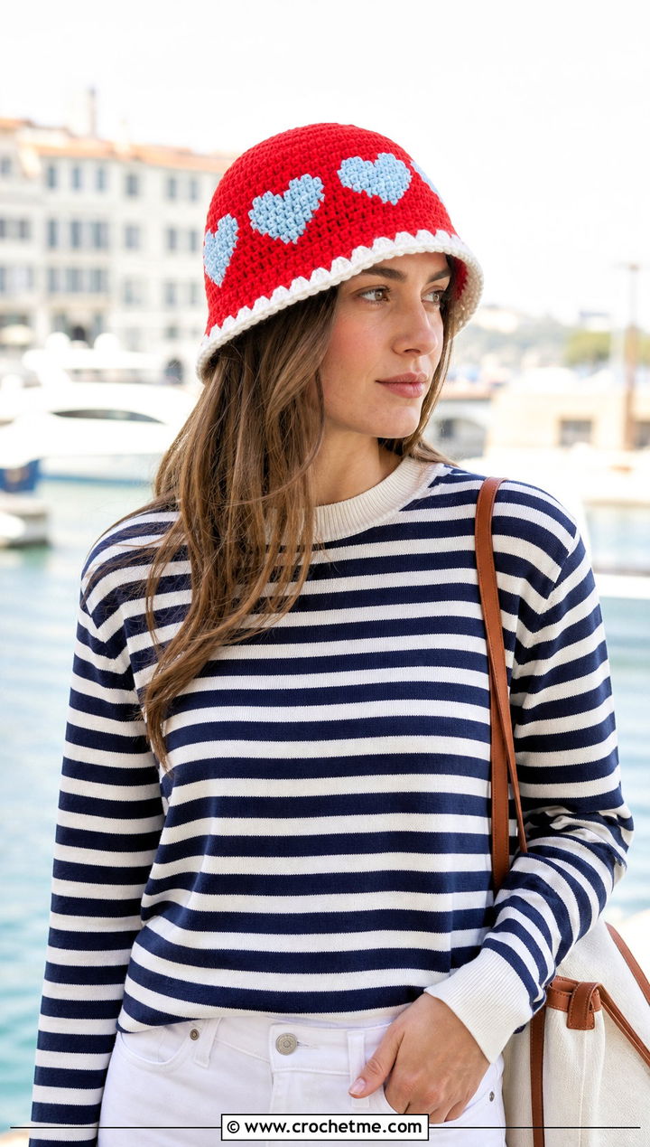 Contrast Trim Heart Bucket Hat With Striped Sweater And White Jeans - 25 crochet heart bucket hat outfit ideas