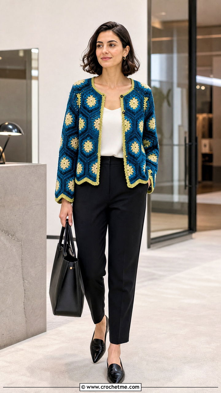 Contrast Trim Hexagon Granny Square Cardigan With Black Trousers - 35 hexagon granny square cardigan outfit ideas