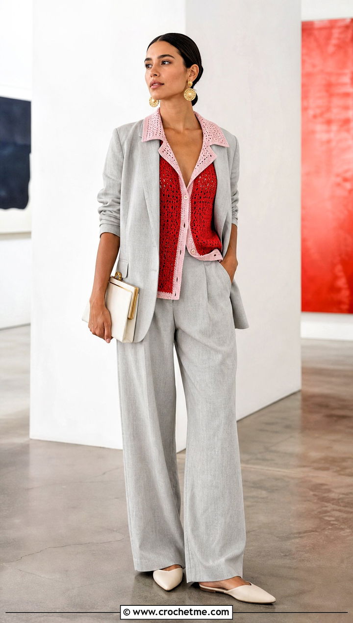 Contrast Trim Relaxagon Crochet Shirt With A Linen Suit - 15 relaxagon crochet shirt outfit ideas