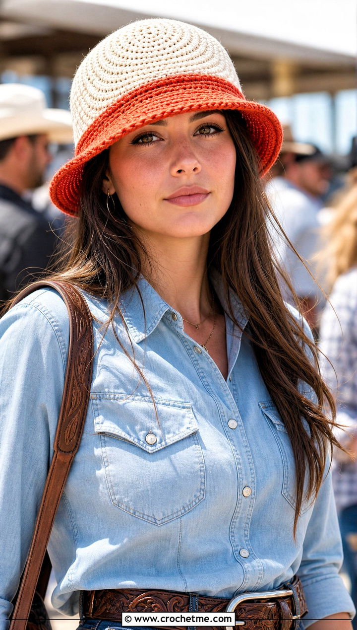 Contrast Trim Swirl Crochet Bucket Hat With Western Shirt And Jeans - 30 crochet swirl hat outfit ideas