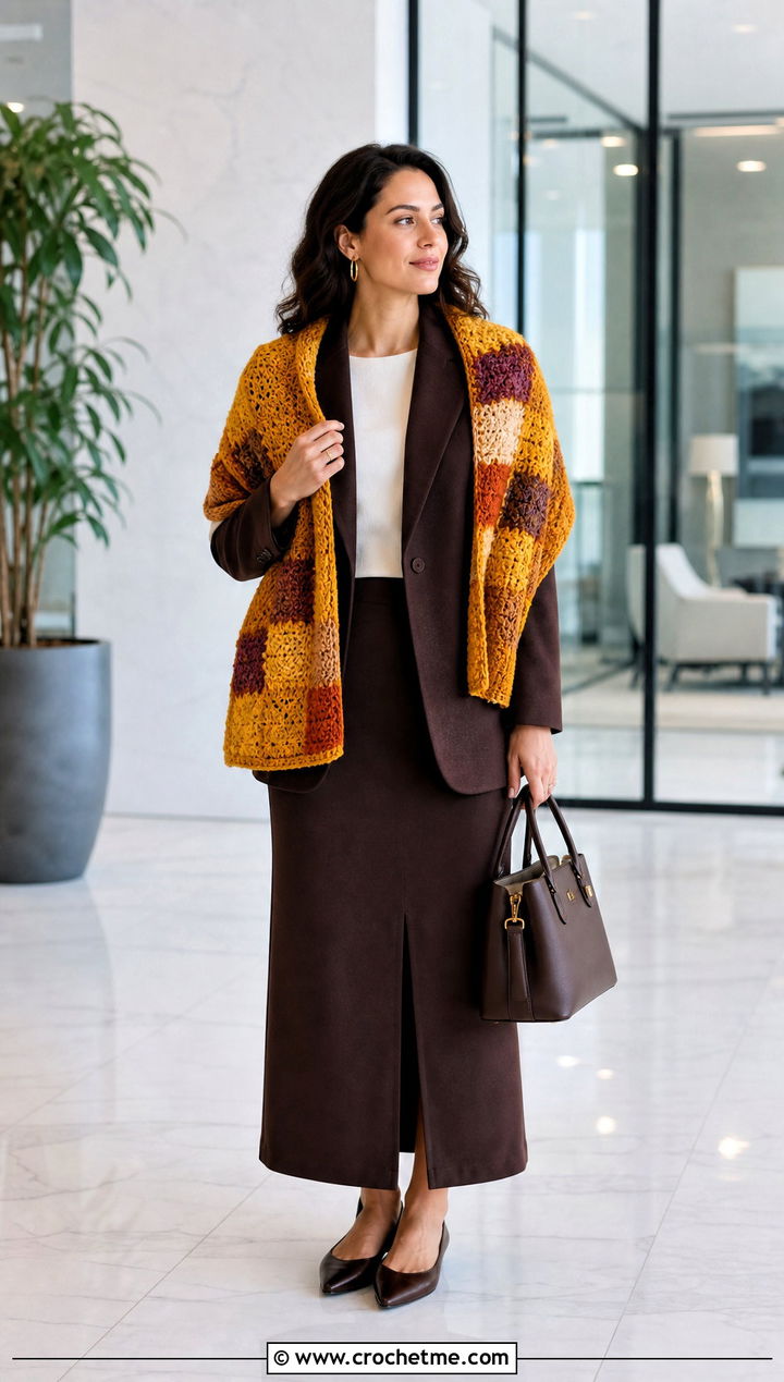 Convertible Block Stitch Crochet Scarf Shawl With A Skirt Suit - 15 Block Stitch Crochet Shawl outfit ideas