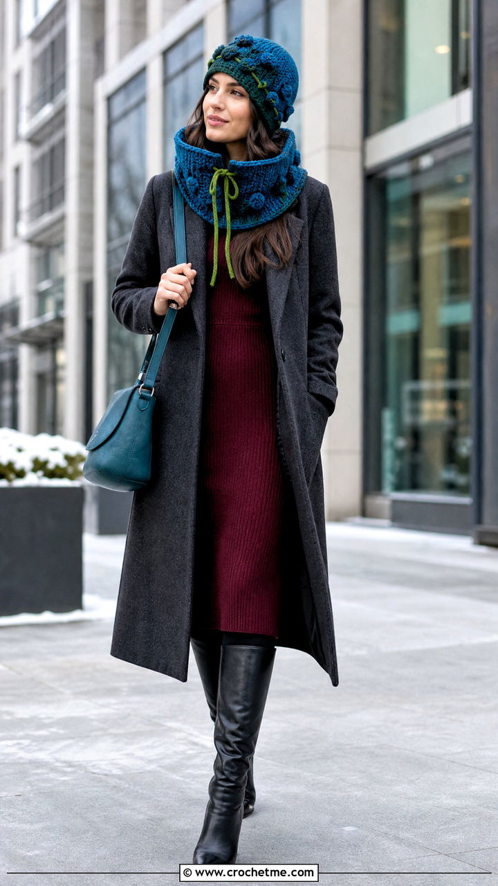 Convertible Blueberry Crochet Cowl Hat With Coat And Knit Dress - 35 blueberry crochet hat outfit ideas