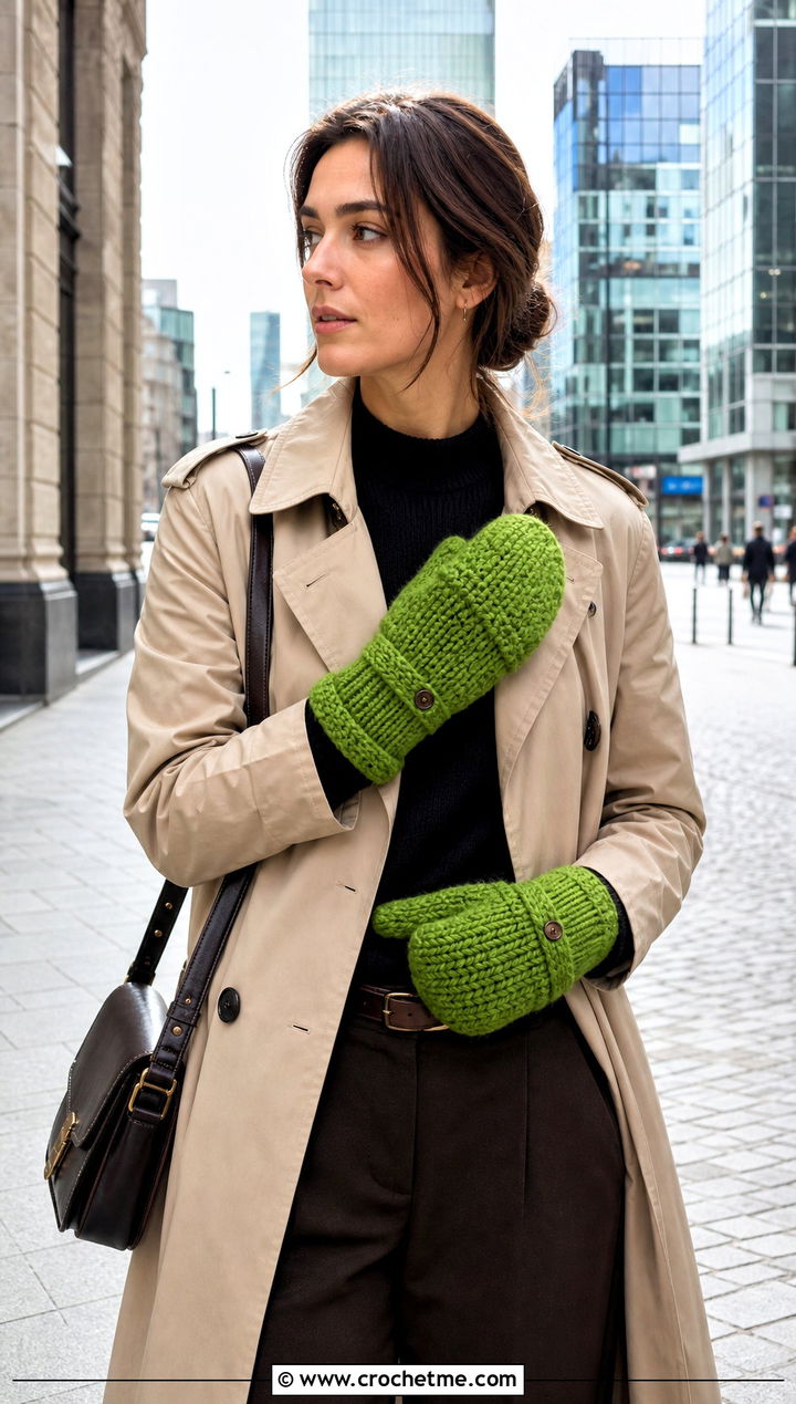 Convertible Bulky Crochet Mittens With Trench Coat And Loafers - 15 Bulky Crochet Mittens outfit ideas