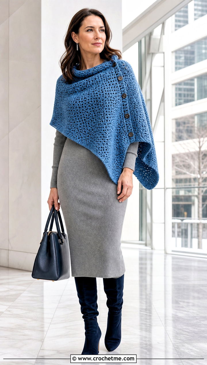 Convertible Button Crochet Shawl With Sweater Dress - 20 Crochet Shawl Worsted Weight Yarn outfit ideas