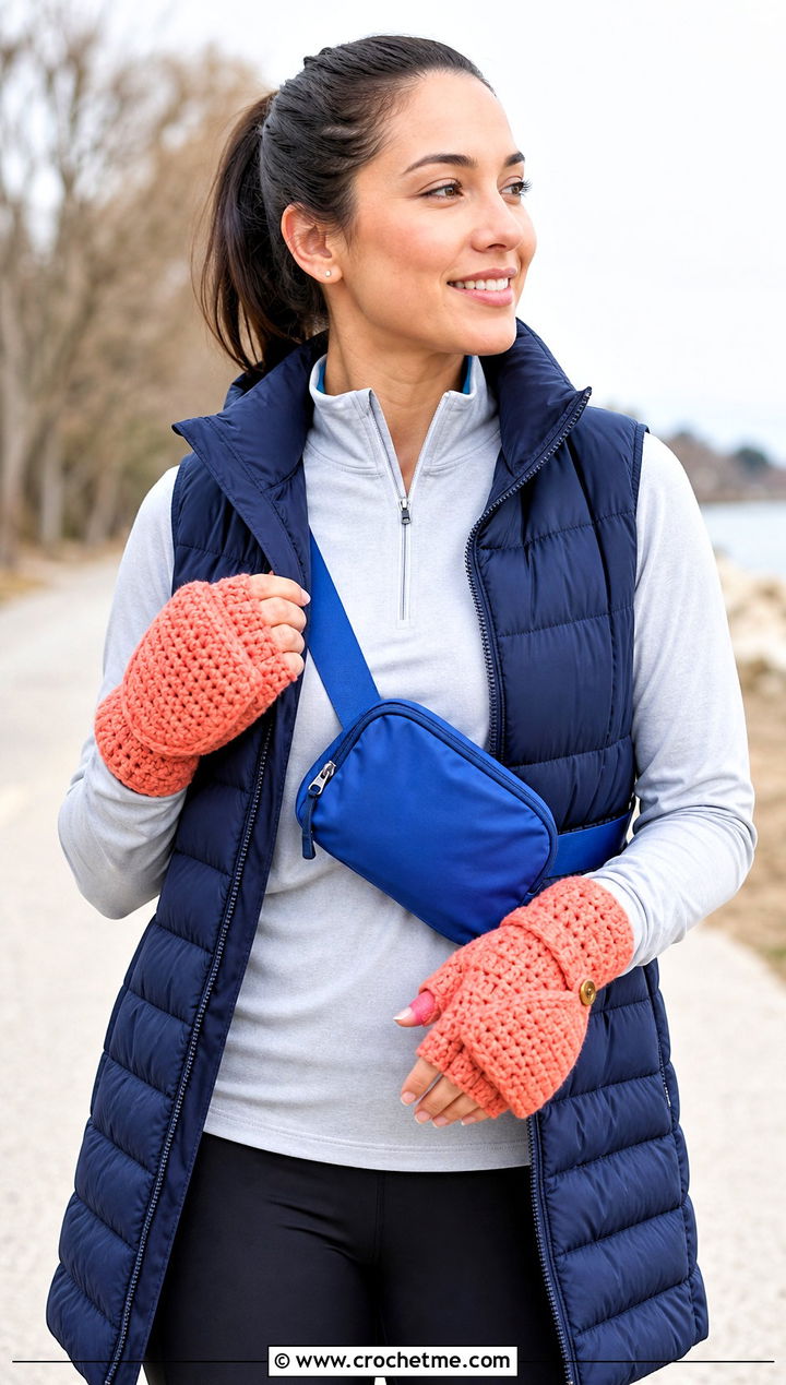 Convertible Chunky Crochet Mittens With Athleisure Outfit - 20 Chunky Yarn Crochet Mittens outfit ideas