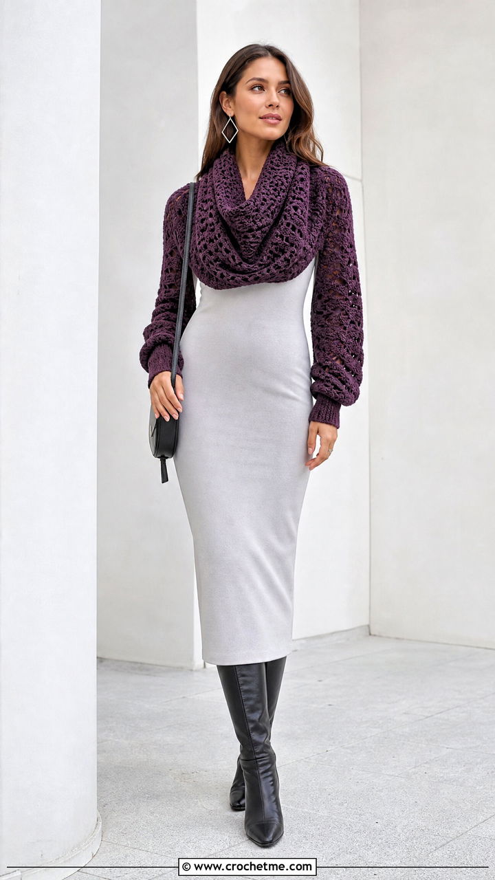 Convertible Cowl Crochet Scarf With Sleeves And Column Dress - 35 crochet scarf with sleeves outfit ideas