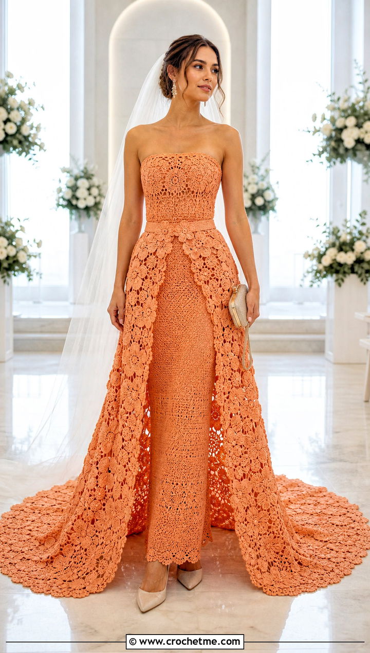 Convertible Crochet Bridal Gown With Detachable Overskirt - 15 Handmade Crochet Bridal Gown outfit ideas
