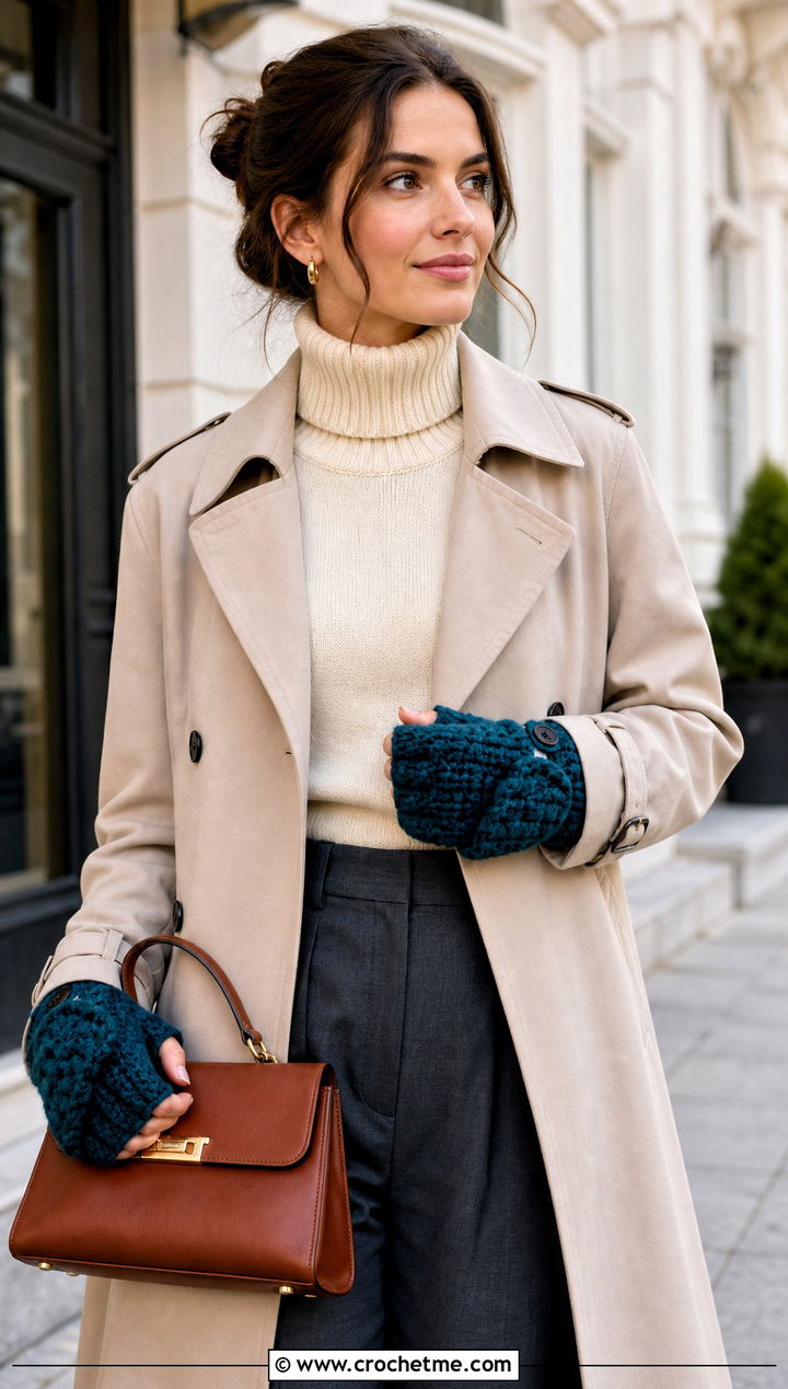 Convertible Crochet Chunky Mittens With Trench Coat - 30 crochet chunky mittens outfit ideas