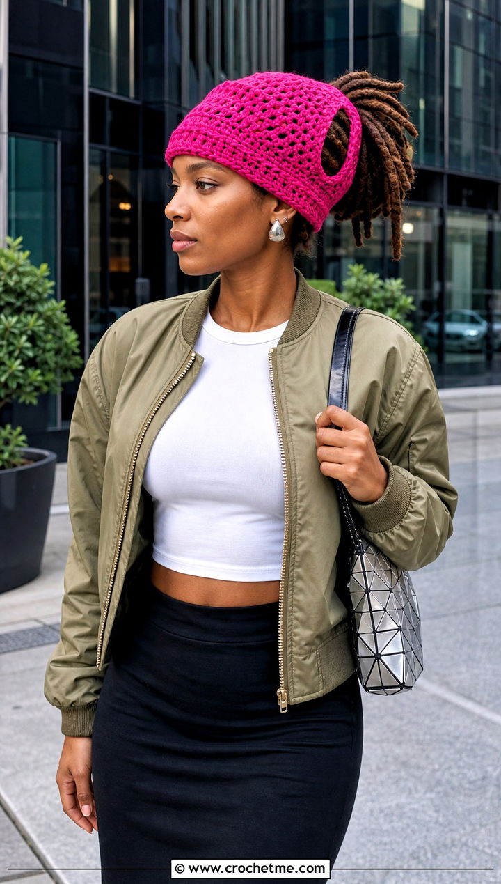 Convertible Crochet Dread Cap With Bomber Jacket And Column Skirt - 20 Crochet Dread Cap outfit ideas