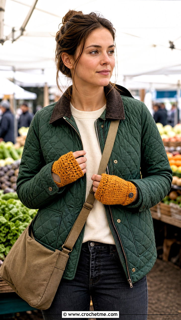 Convertible Crochet Driving Gloves With Quilted Jacket - 25 Crochet Driving Gloves outfit ideas
