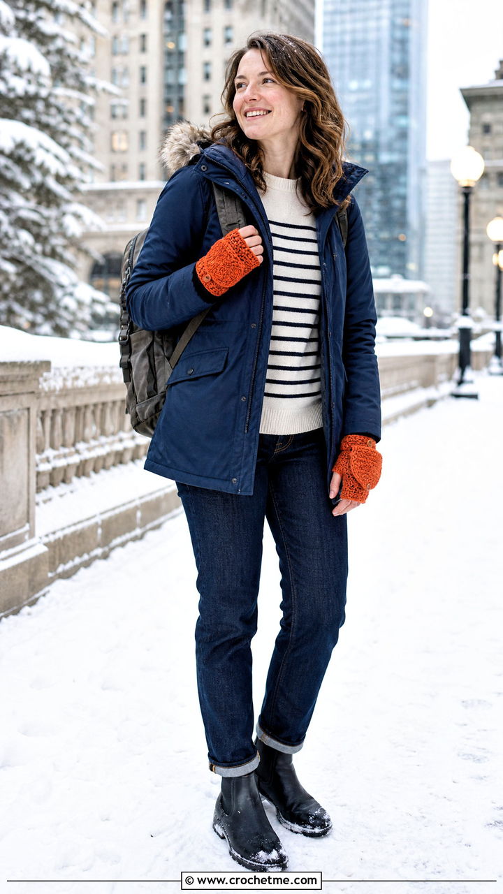 Convertible Crochet Fingerless Gloves With Parka And Straight Jeans - 35 crochet fingerless gloves outfit ideas