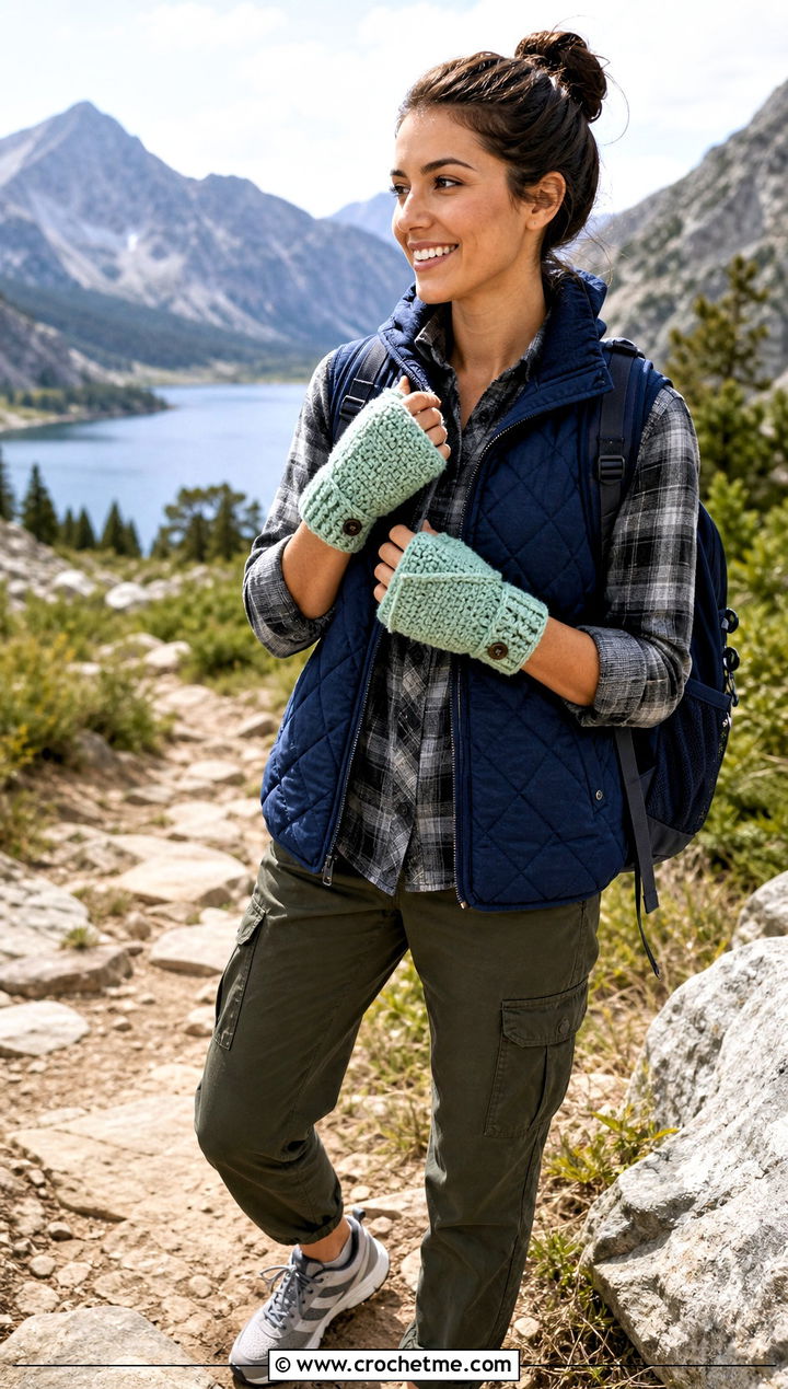 Convertible Crochet Fingerless Gloves With Quilted Vest - 25 finger less crochet gloves outfit ideas