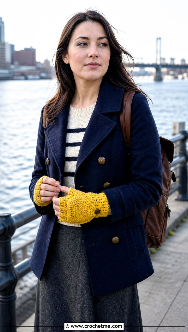 Convertible Crochet Fingerless Mitts With Peacoat And Midi Skirt - 30 crocheted fingerless gloves outfit ideas