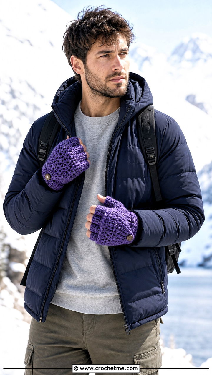 Convertible Crochet Gloves With Puffer Jacket - 25 Crochet Mens Gloves outfit ideas