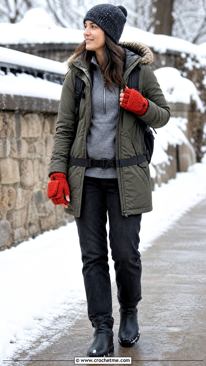 Convertible Crochet Hand Warmers With Parka - 35 crochet hand warmers outfit ideas