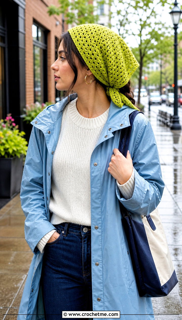 Convertible Crochet Head Scarf Wrap With Raincoat - 30 crochet head wrap outfit ideas