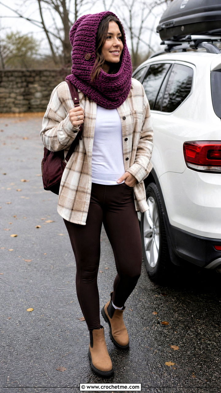 Convertible Crochet Hooded Cowl With Shacket - 35 crochet hooded cowl outfit ideas