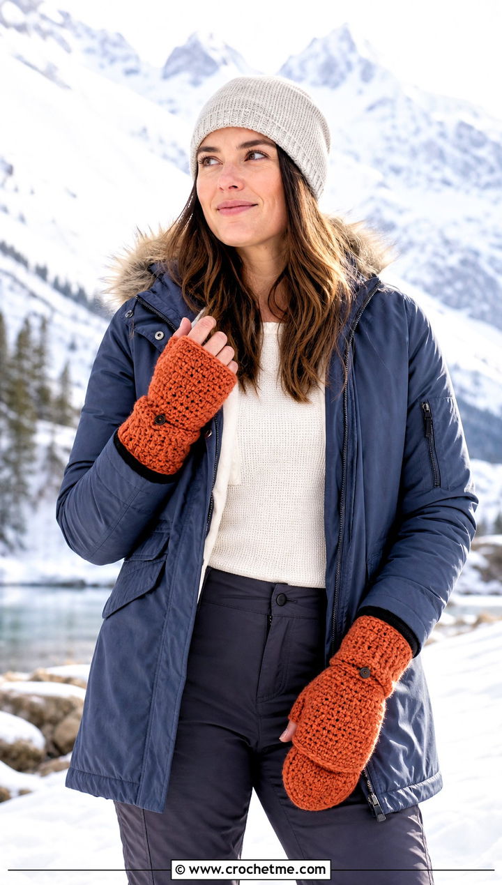 Convertible Crochet Mitten Arm Warmers With Parka And Snow Boots - 25 Crochet Arm Warmer outfit ideas