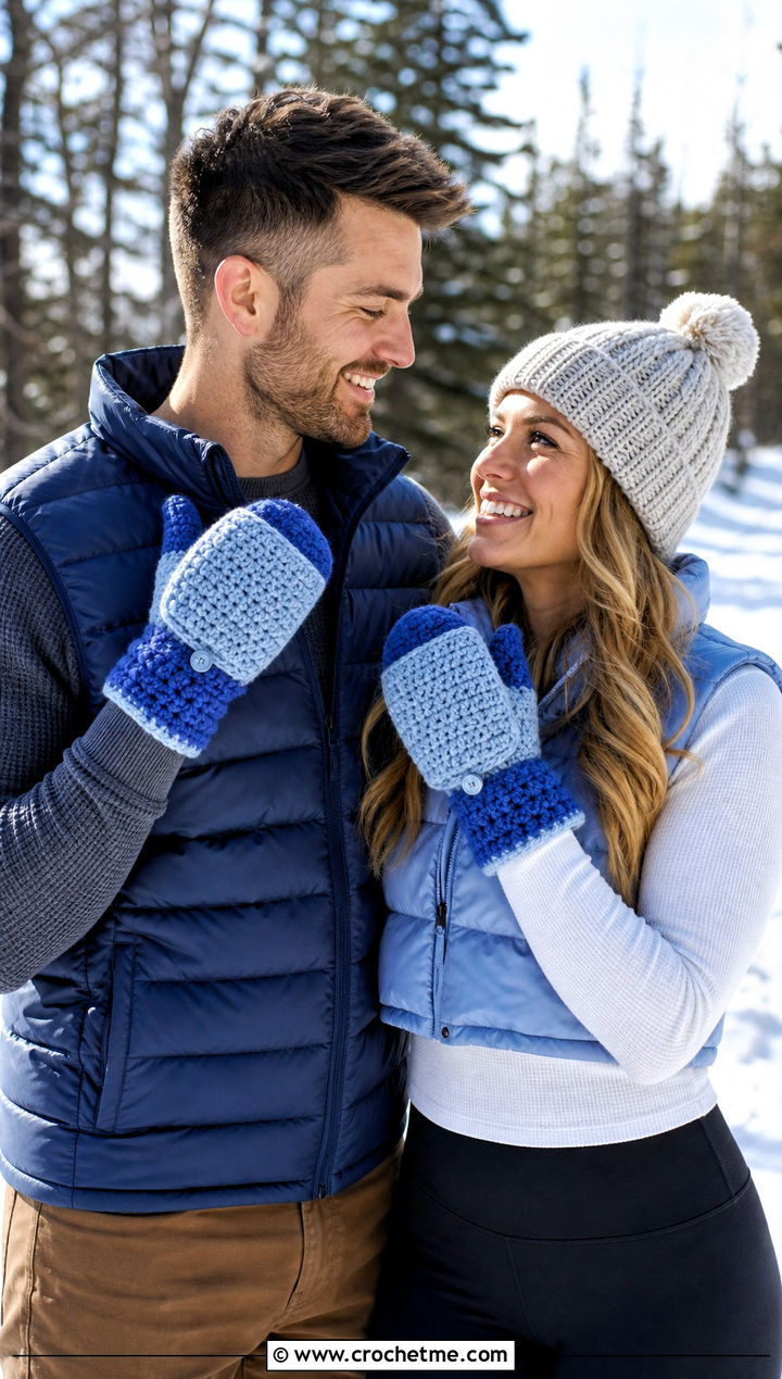 Convertible Crochet Mitten Gloves With Puffer Vests - 25 Crochet Gloves For Couples outfit ideas