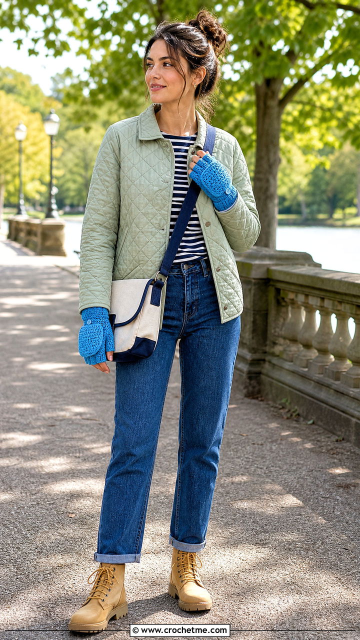 Convertible Crochet Mitten Gloves With Quilted Jacket - 35 crochet hand gloves outfit ideas