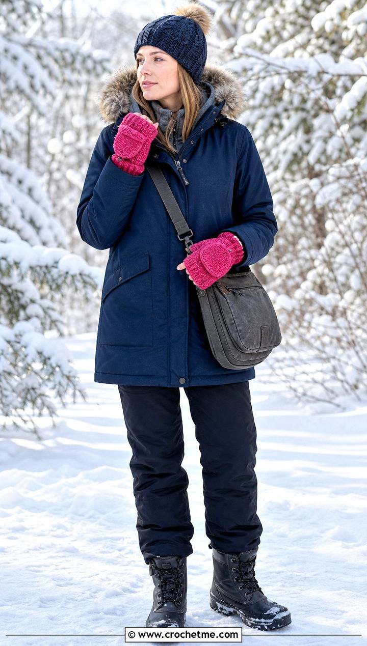 Convertible Crochet Mitten Handwarmers With A Parka - 35 crochet handwarmers outfit ideas